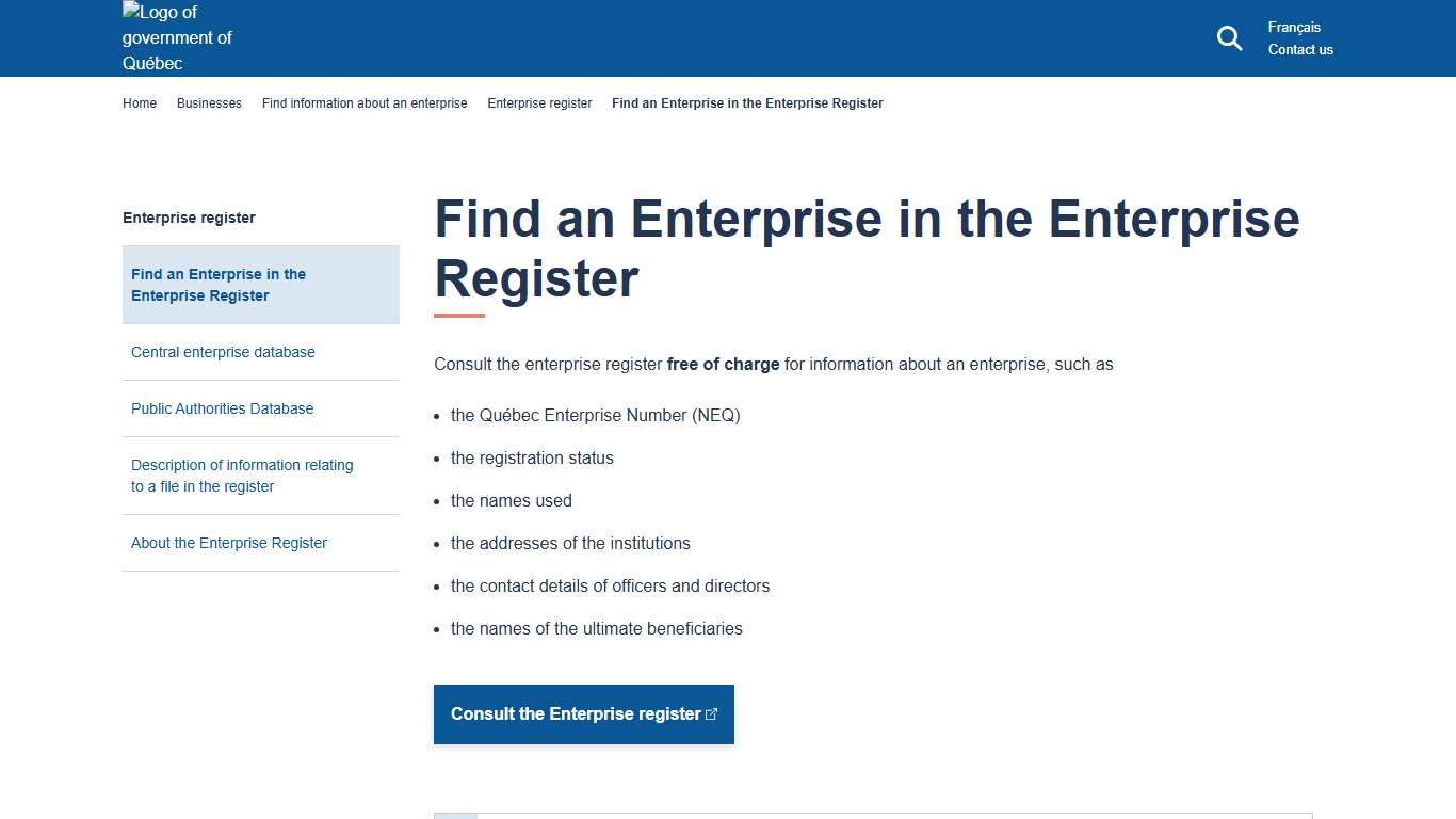 Find an Enterprise in the Enterprise Register | Gouvernement du Québec