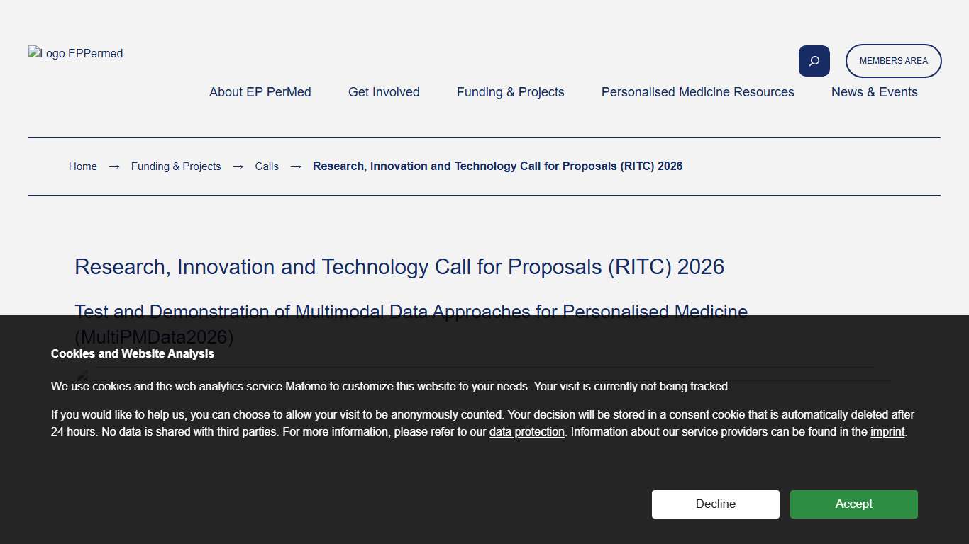 Research, Innovation and Technology Call for Proposals (RITC) 2026 - European Partnership for Personalised Medicine - EP PerMed